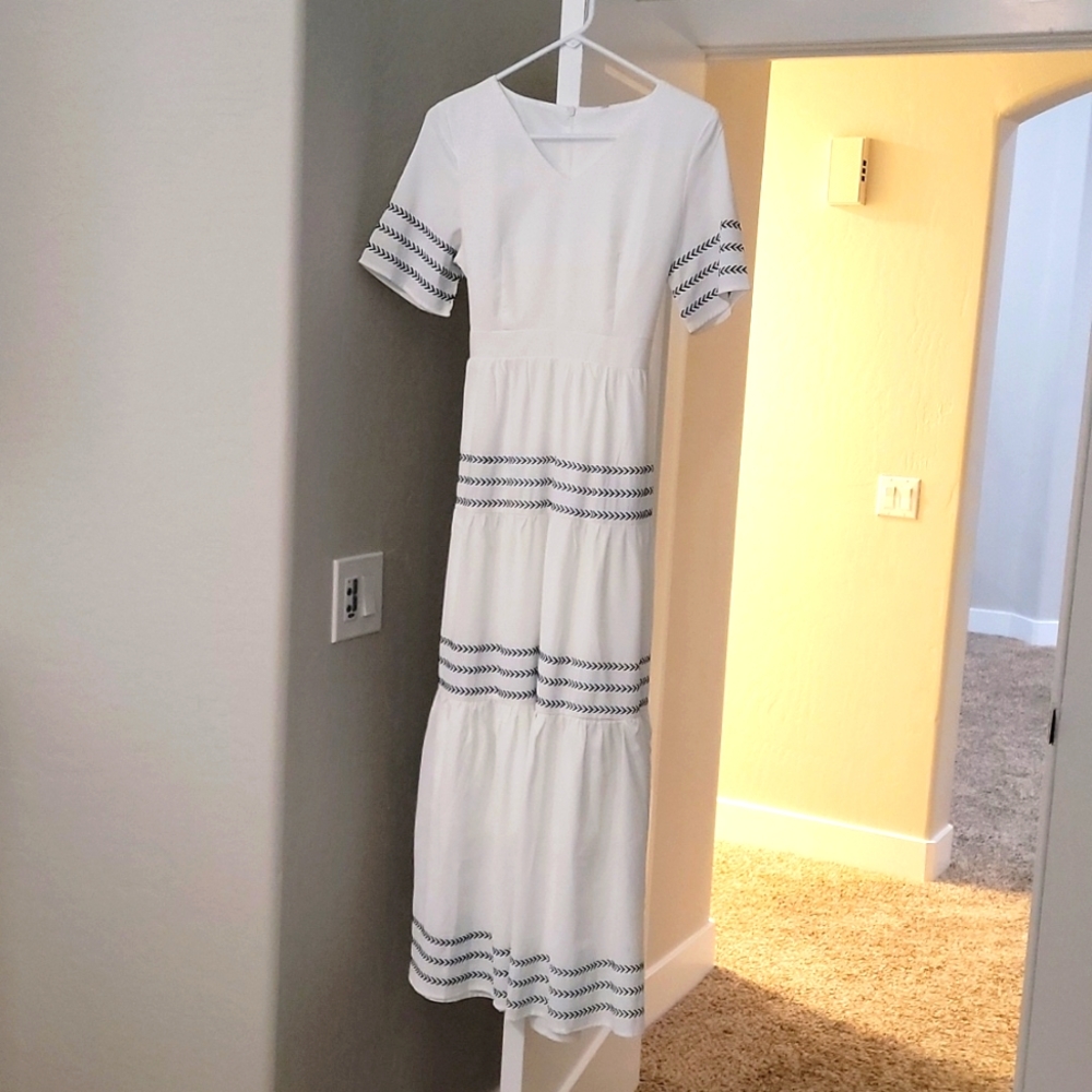 White midi dress, size small, white with black embroidery design